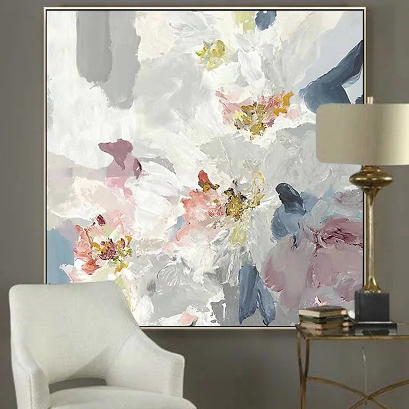 Modern Abstract Oil Painting on Canvas, Pink Flower Wall Art, Hand Painted, No Frame, Gold Foil Texture, Living Room, Home Decor